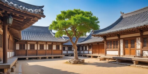 Obraz premium Traditional Korean courtyard with a small tree and eastern dormitory in a historic Confucian academy, surrounded by elegant wooden buildings, confucian, traditional
