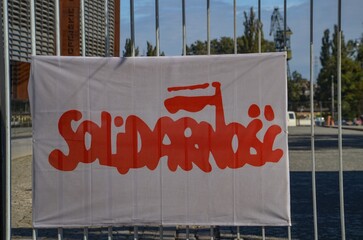 Poland, Gdańsk, September 23, 2022 Gdańsk Shipyard - flag with the inscription "Solidarity" on the gate

