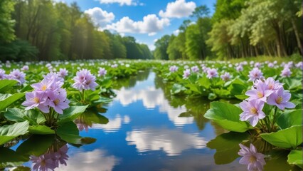 Obraz premium Eichhornia Crassipes hyacinth floating on tropical river pond in Trinidad and Tobago