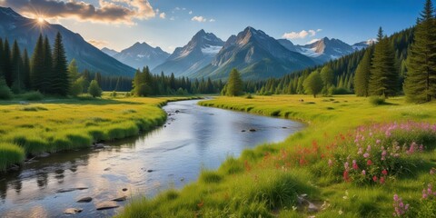 Fototapeta premium A serene river flows gently through a lush meadow surrounded by towering mountains and vibrant wildflowers, serene, water