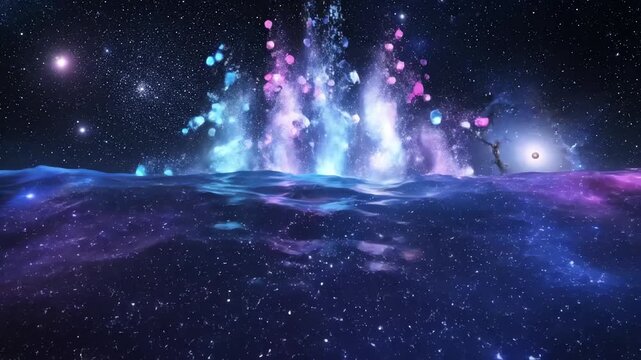 A seamlessly looping video of vibrant cosmic ocean waves, slowly cresting and receding in an infinite digital space energy, serene, smooth