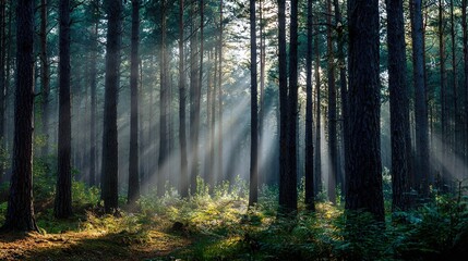 "Magical Forest Scene with Sunlight Beams Through Trees – Nature Landscape Photography"