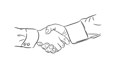 Line drawing, focus on the arms of businessmen shaking hands.