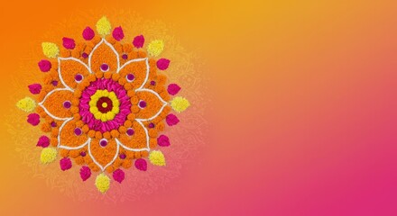 Onam banner background, pookalam flower rangoli on floral gradient 