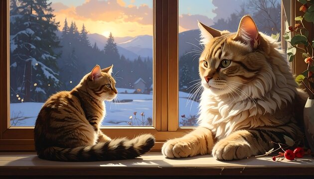 Two cats at a window, gazing at a winter landscape bathed in the warm glow of a setting sun. - Powered by Adobe