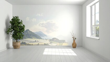 A serene, minimalist interior space showcases a tranquil landscape mural on a light-toned wall, complemented by a potted plant and a decorative vase.