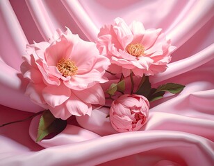 Delicate pink flowers artfully arranged on a smooth pink silk fabric, showcasing a soft and romantic mood.