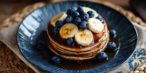 Fluffy vegan banana pancakes topped with fresh blueberries and drizzled with maple syrup create delightful breakfast treat. vibrant fruits add burst of flavor and color