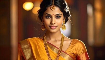 A stunning woman in traditional yellow attire, adorned with gold jewelry, displays a captivating smile and elegant poise.