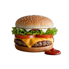 Delicious cheeseburger with lettuce and tomato isolated on transparent background