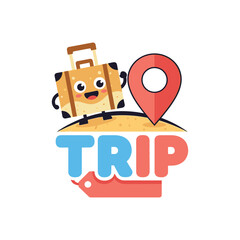 Cute cartoon suitcase character with location pin and the word trip.