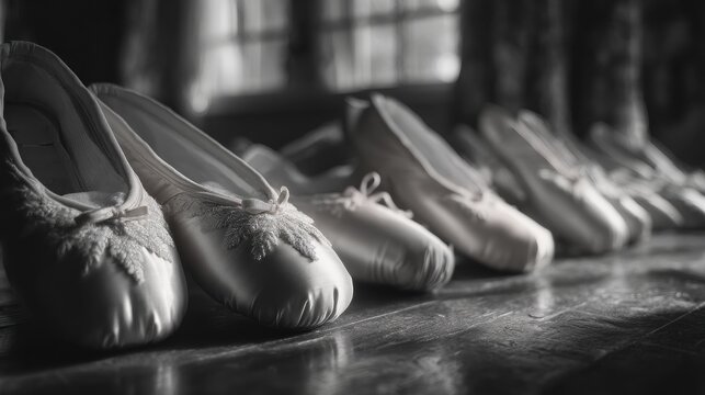 A row of elegant pointe shoes resting gracefully on a wooden floor