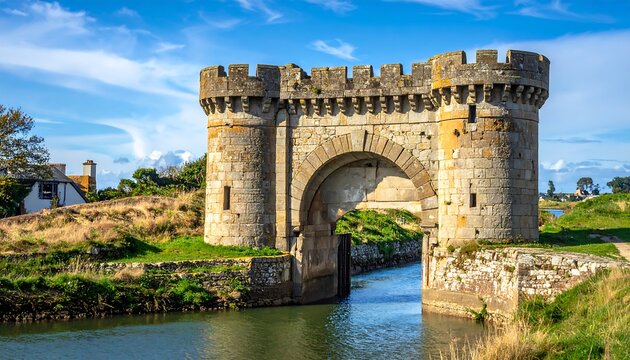 A grand, ancient stone arch bridge, fortified with towering medieval-style towers, spans a tranquil waterway, showcasing a historical landscape under a vibrant blue sky.