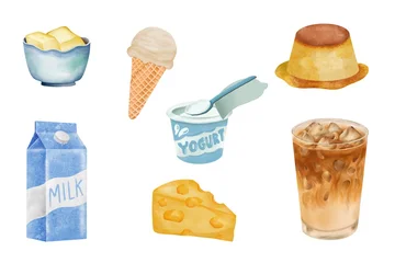 Fototapete Rund Milchshake Watercolor of dairy products set on white background. Watercolor of milk, cheese, yogurt, pudding, ice cream, butter, and milk shake isolated. Sketch of milk-based foods  © Wiwi
