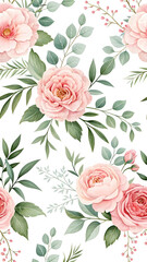 Watercolor pink roses and eucalyptus seamless pattern.