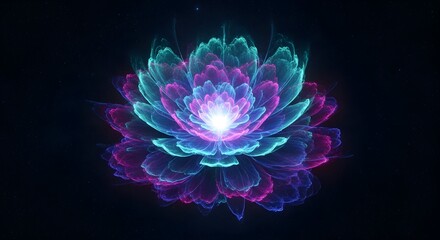 Glowing ethereal lotus flower, vibrant teal and pink, dark background.