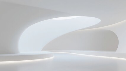 Minimalist white interior with curved architectural forms and soft lighting