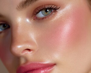 Fototapeta premium Satin Skin Editorial Portraits with Watercolor Blush, Glossy Glow, and Radiant Makeup for Skincare, Beauty Ads, and Aesthetic Branding – Close-Up of Radiant Skin with Shimmery Makeup
