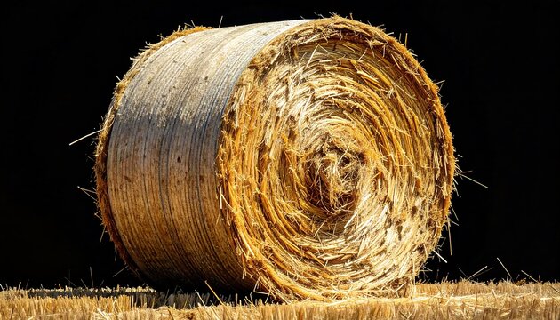 Close-up of a large, tightly rolled bale of straw, showcasing its intricate texture and golden hue against a dark background.