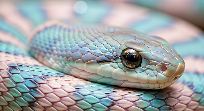 Close-up of a vibrant, coiled snake with iridescent blue, green, and pink scales, focused on its head and eye.