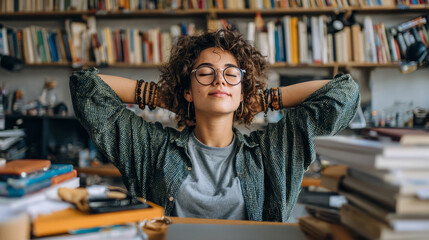 Relaxed woman enjoying peaceful reading time in cozy home office with bookshelves indoor environment calm perspective