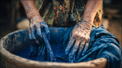 Traditional indigo dyeing process rural village craftsmanship outdoor setting close-up view cultural heritage