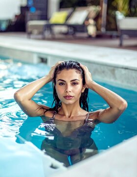 A young woman lounges in a sleek, modern swimming pool, her hands gently placed on her head. She exudes a calm and relaxed demeanor, her hair slightly damp and cascading over her shoulders.