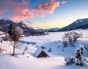 A tranquil winter scene showcases a picturesque valley nestled amongst snow-capped mountains at dawn.