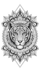 Obraz premium Intricate black and white illustration of a tiger's head centered within a detailed mandala pattern, suitable for coloring or tattoo design.