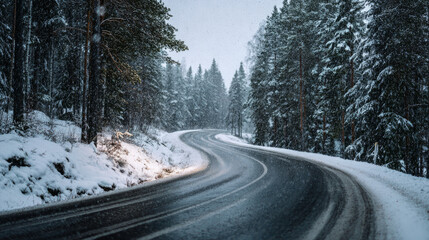 Snowy curved road through pine forest winter wonderland landscape photography serene environment captivating view nature's beauty
