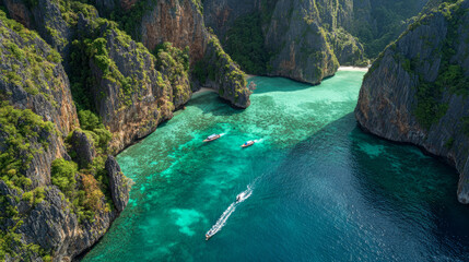 Boats navigating crystal clear waters phi phi islands aerial photography tropical paradise scenic viewpoint nature's beauty