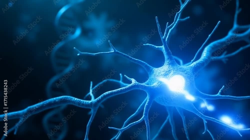 Poster a neuron with elongated dendrites and roots is shown in the foreground, glowing with blue light. a s