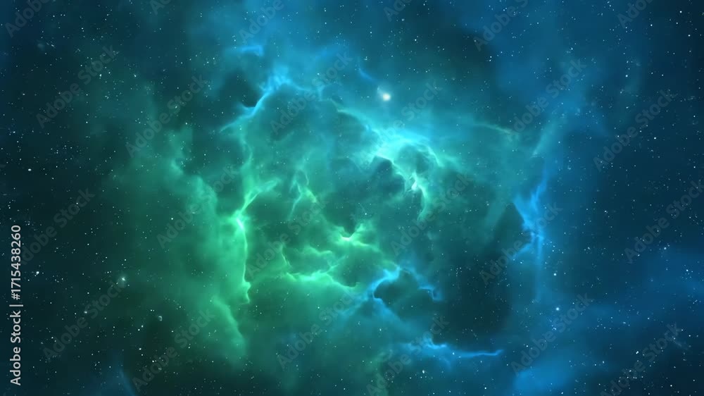 Poster abstract deep cosmic nebula with slowly pulsating green and blue bioluminescent patterns, a seamless