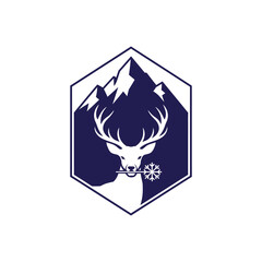 Deer Head with Snowflake and Mountain Landscape Emblem.