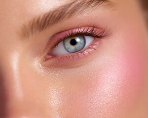 Fototapeta premium Satin Skin Editorial Portraits with Watercolor Blush, Glossy Glow, and Radiant Makeup for Skincare, Beauty Ads, and Aesthetic Branding – Close-Up of Bright Blue Eye with Natural Makeup and Rosy Cheeks