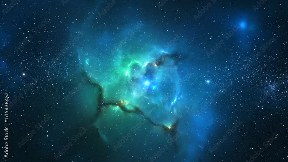 Sticker abstract deep cosmic nebula with slowly pulsating green and blue bioluminescent patterns, a seamless