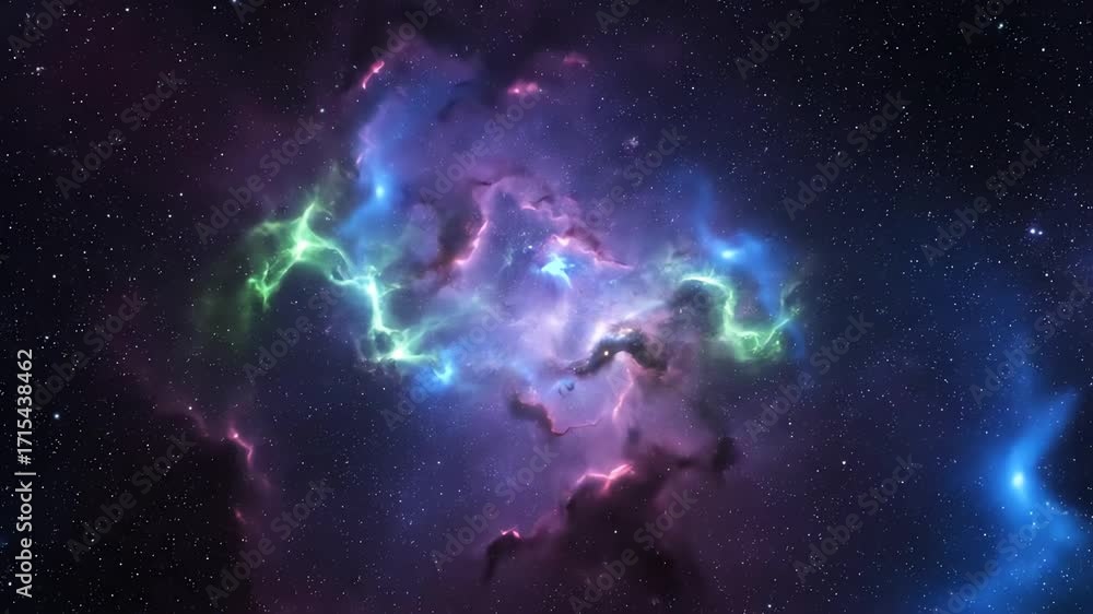Poster abstract deep cosmic nebula with slowly pulsating green and blue bioluminescent patterns, a seamless