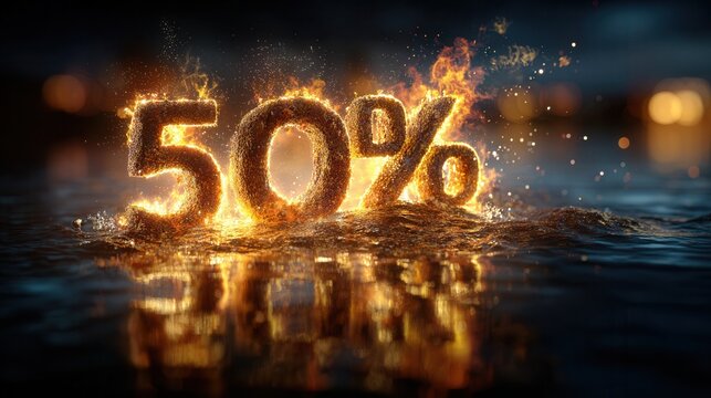 Dramatic 50% Discount Sale promotion with fiery effects and water reflection for offers and deals