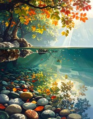 A serene autumnal forest stream, with vibrant foliage reflected in crystal-clear water, showcases the beauty of nature's colors and light.
