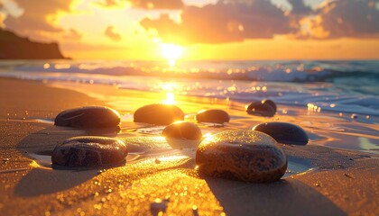 Ocean Beach Sunset with Rocks in Foreground at Golden Hour Tranquil Seascape Reflection and Warm Light