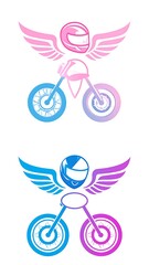 Two stylized motorcycle rider logos, featuring vibrant pink and blue color gradients, with wings, showcasing a dynamic and creative design.