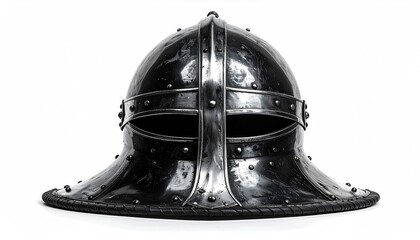 Black metal helmet, medieval design, isolated on white