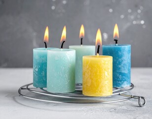 Six pastel pillar candles burning, arranged on a wire rack