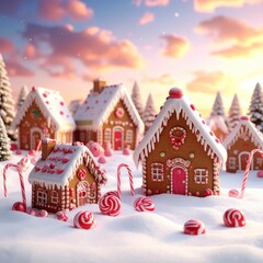 Whimsical gingerbread village at sunset, candy details