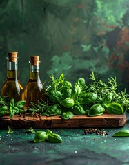Two olive oil bottles and fresh herbs on a wooden board