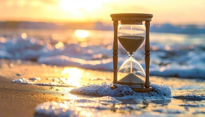 Hourglass on beach at sunset, waves lapping (4)
