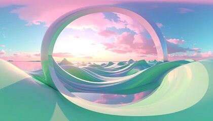 A serene, pastel-hued landscape with a large, circular archway framing a sunrise over rolling hills.