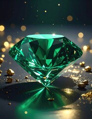 A vibrant green gemstone rests on a dark surface, surrounded by gold nuggets and bokeh lights
