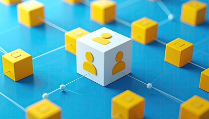 Digital Network of Connected Cubes with People Icons Representing a Social Community or Blockchain.
