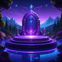 Mystical purple portal in a serene mountain landscape